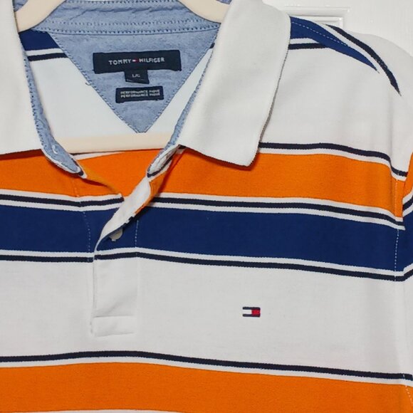 Tommy Hilfiger Performance Pique Classic Blue/Yellow Striped Polo Shirt Size L - Picture 2 of 7